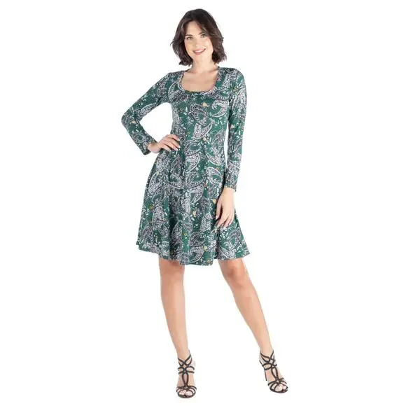 24SEVEN Comfort Apparel Women's Green Paisley-Print Scoop-Neck Long-Sleeve Dress - Picture 11 of 12